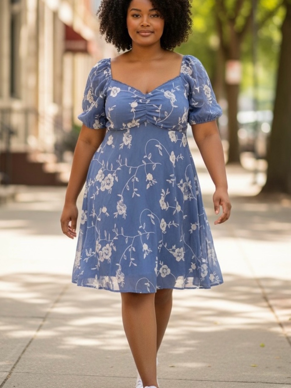 ARULA Blue Floral Puff-Sleeve Mini Dress with Cream Accents